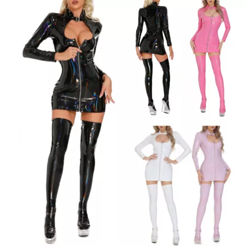 Women Wet look PVC Leather Bodycon Clubwear Mini Dress Top / Shiny High Stocking
