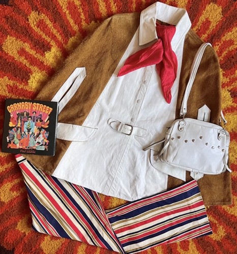 Vintage 60s tan suede & white leather belted cape Mod Scooter Carnaby Street - Picture 6 of 12