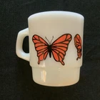 Vtg MCM Fire King Milk Glass Orange Butterfly Coffee Mug Anchor Hocking USA
