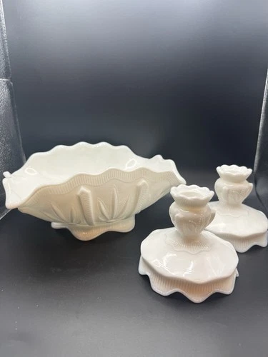 Fenton Cactus Milk Glass Banana Bowl And Candle Holders