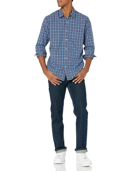 Amazon Essentials Herren Business Hemd Langarm Popeline Blau Kariert GrößE L-image