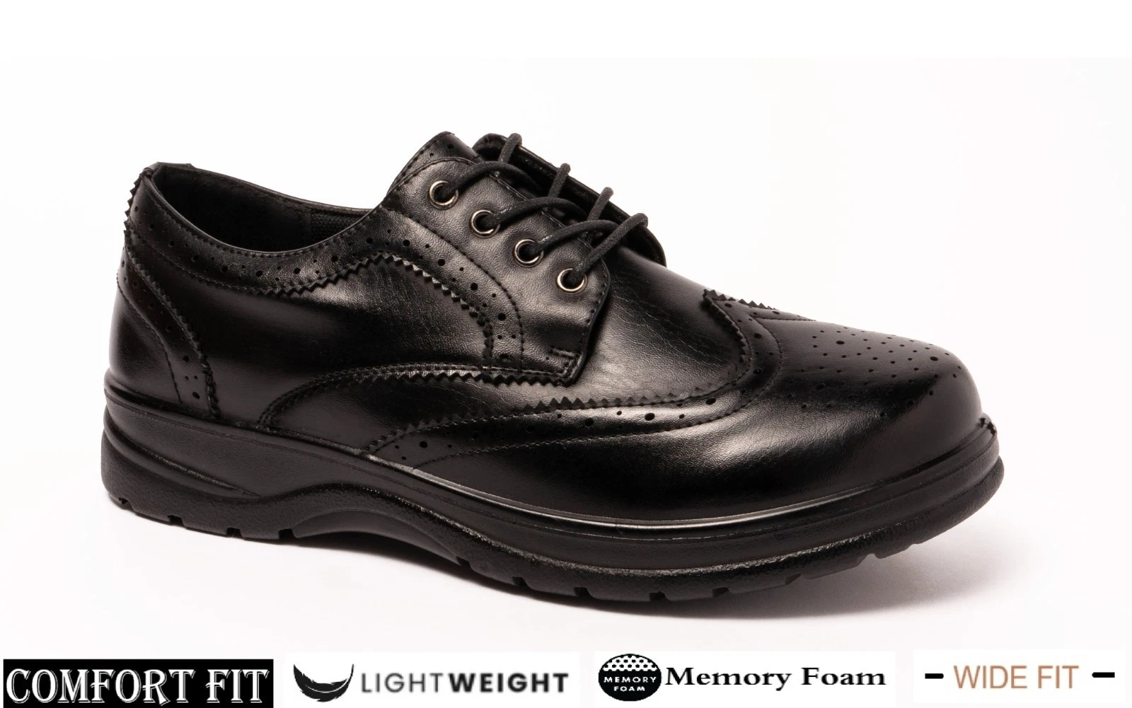 Mens Wide Fit Shoes Faux Leather Memory Foam Brogue Formal Comfort Lightweight