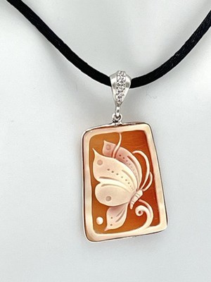 Cameo Shell Corniola 30mm Butterfly Silver 925 CZ Handmade