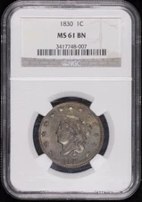 1830 Large Cents Coronet Head NGC MS-61 BN
