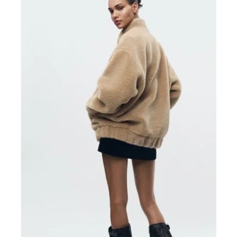 Zara Tan Sherpa Oversized Snap Front Bomber Jacket XS / S image 3