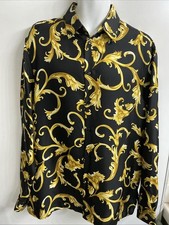 gianni versace shirt Black /gold Jacquard Silk Print Long  Sleeve Size L