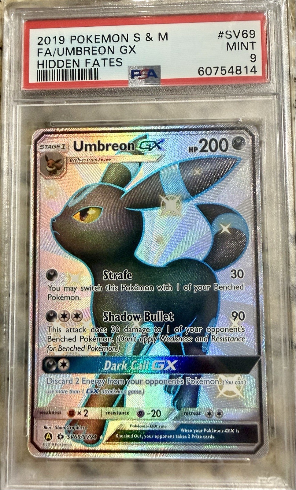 2019 POKEMON SUN & MOON HIDDEN FATES #SV69 FULL ART/UMBREON GX PSA 9
