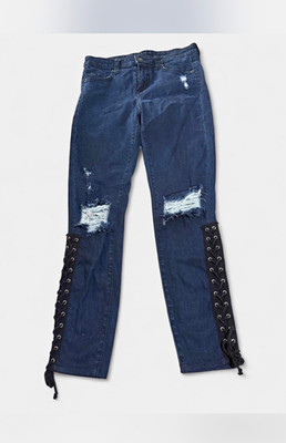 27 Women s Dark Wash Distressed Flared Denim Jeans Lace-Up Cotton Blend 2