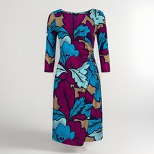 Talbots Floral Wrap Dress Small Blue Pink Tan Stretch 3/4 Sleeve Midi Career