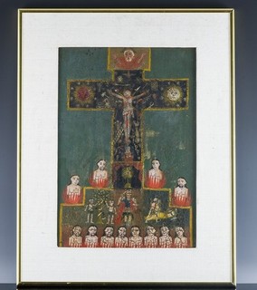 ANTIQUE SPANISH COLONIAL MEXICAN RETABLO PAINTING ON METAL OF JESUS ON CROSS #2