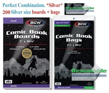 200 BCW Silver Era Comic Book RESEALABLE Bags Sleeves + Back Boards 7 x 10 1/2"