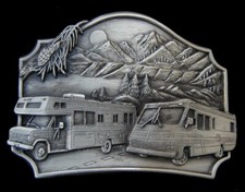RV MOTOR HOME BELT BUCKLE VINTAGE 1987 TRAVELLING THE ROAD SISKIYOU PEWTER