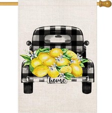 Double Sided Summer Lemon Outdoor Flag 28x40inch w/Checked Truck Yellow Lemons
