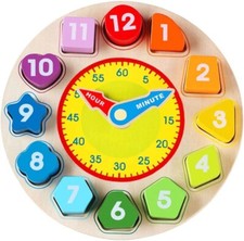 Wooden Shape Color Sorting Clock-Teaching Time Number Blocks Clock Shape Sorting