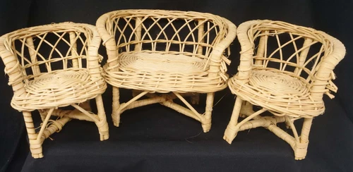 Doll House Furniture Rattan Wicker Barbie Fashion Loveseat Sofa and Two Chairs
