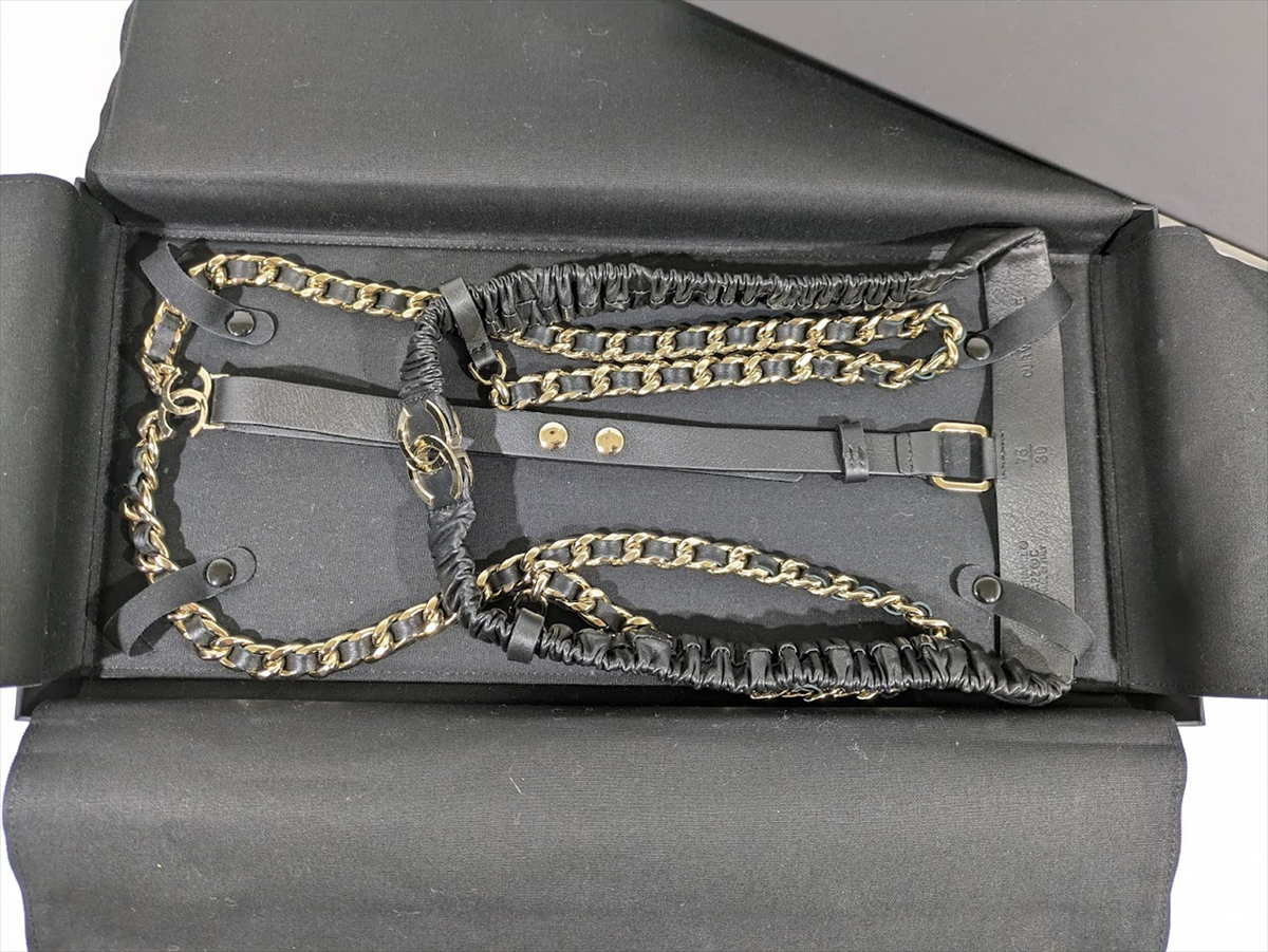 CHANEL CC Chain Belt Suspenders Black Leather Gold Size:75
