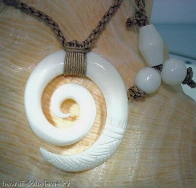 34MM LARGE CARVED WATER BUFFALO BONE MAORI KORU ETERNAL FRIENDSHIP NECKLACE #1