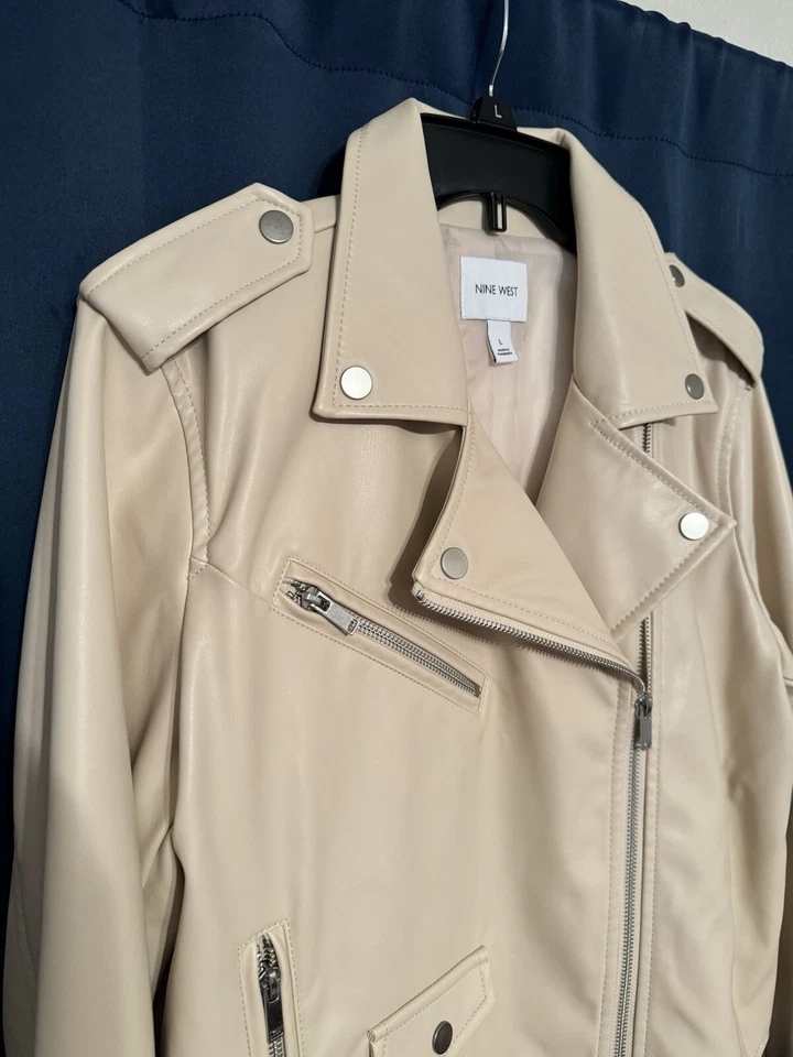 Chaqueta Moto Nine West Mujer Imitación Cuero Beige Grande Nueva Con Etiquetas Foto 3 de 4