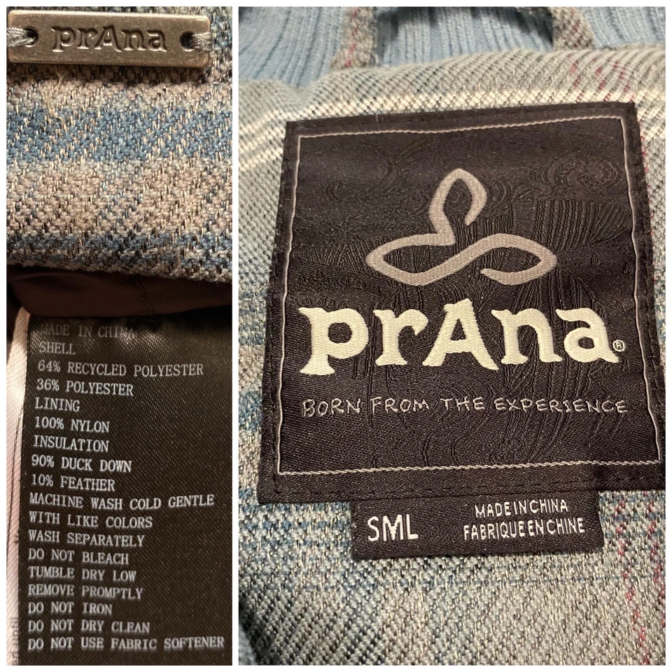 Chaqueta de plumón Prana Showdown Bomber para mujer talla pequeña abrigo a cuadros gris y azul Foto 3 de 4