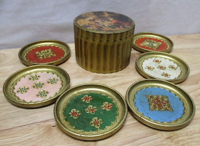 Set Of 6, Vintage Hand Painted Italian Florentine Coasters W/Box, Made In Italy