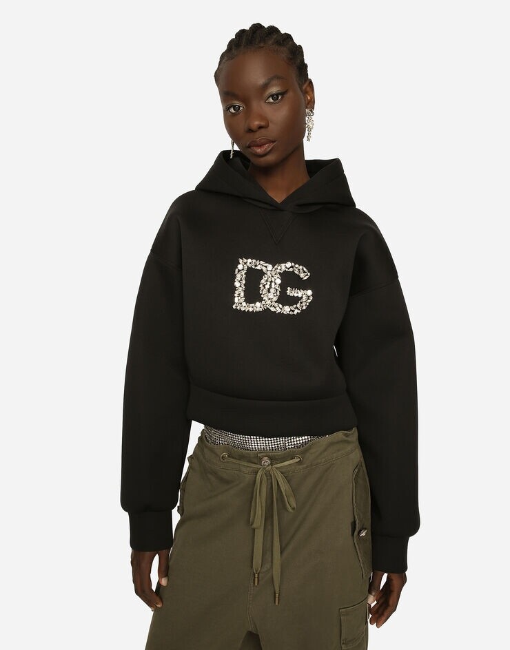 DOLCE & GABBANA DG Crystal Embellished Cropped Black Hoodie