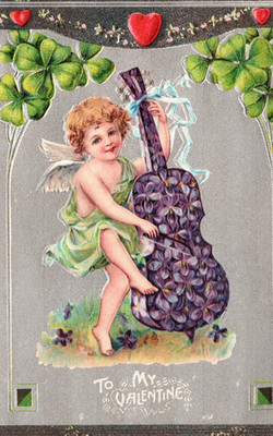 1910 Silver Foil Embossed Valentine Postcard Cherub Floral Cello Germany