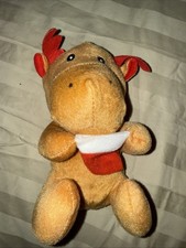 Holiday Brown Moose Plush Toy with Red Antlers and Scarf - Excellent Cond.