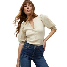 198 New VERONICA BEARD Coralee Button-Front Puffed Sleeve Top Sz XS Beige