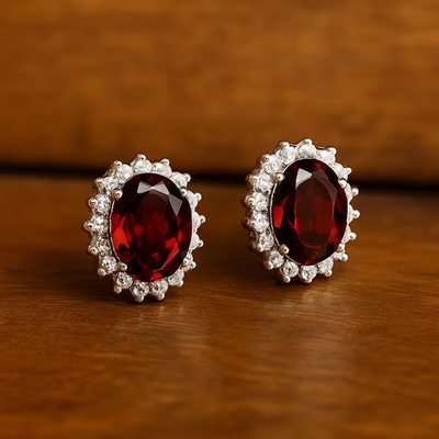 3.00Ct Oval Cut Simulated Red Garnet Halo Earrings Gift 14K White Gold Plated