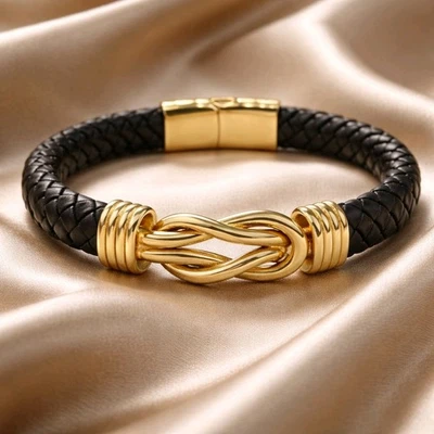 Homme Noeud Infini Cuir Bracelet, Forever Bracelet Lié , Tressé en Or - Photo 1/4