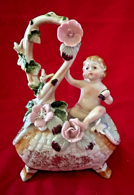 Vintage UCAGCO Whimsical Double Vase Figurine Cherub Child Floral MCM