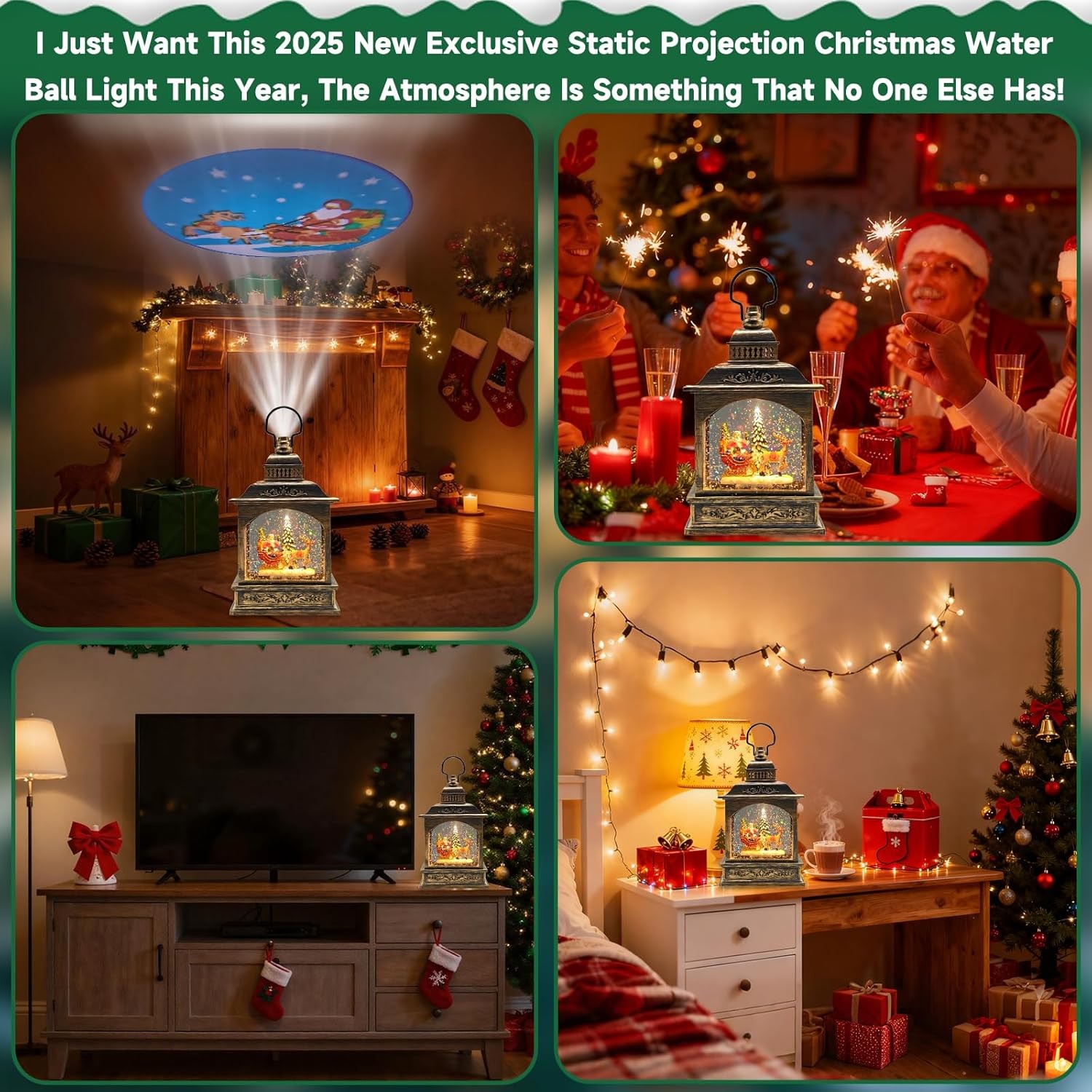 Christmas Snow Globes Lantern Water Swirling Glitter,with Santa Claus Projection