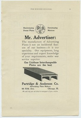 Partridge and Anderson Advertising Plates Specialty Chicago Il 1908 Vintage Ad