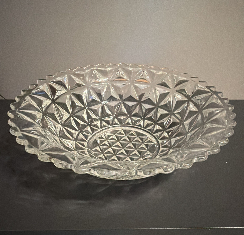 Clear Pressed Glass Starburst Pattern Round Serving Bowl with Scalloped Edge