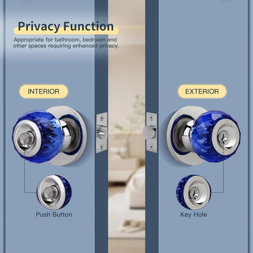 Perilla de puerta de cristal con cerradura de privacidad, perilla de puerta interior de vidrio azul con llaves y Foto 4 de 4