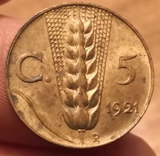 5 Centesimi 1921 Spiga, Vittorio Emanuele III, Ottime Condizioni, Rif. 9305