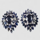 Midnight Blue Sapphire Omega Back Halo Earrings 925 Sterling Silver White Gold