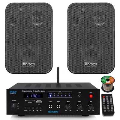 Pyle PFA600BU Bluetooth AUX FM PA Amplifier Receiver, 2x 4'' 30W Black Speakers