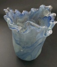 Murano Glass Italy Arte Lavorazione Blue Green Ruffled Swirl Swung Style Vase