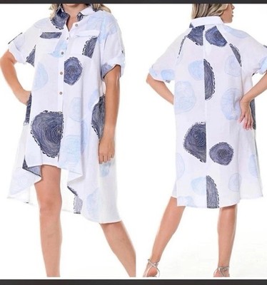 Azucar Women s Roll-Up Sleeves High Low Dress 100% linen Geometric Summer SzS/M