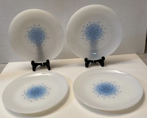 Four (4) Vintage Anchor Hocking Fire-King Blue Mosaic Salad Plates