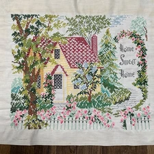 Finished Completed Cross Stitch ENGLISH COTTAGE GARDEN Home Sweet Home Unframed