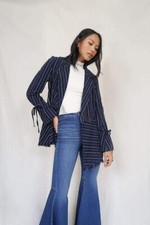 NWT Free People Stella Blazer Size XS Navy Pinstripe Longline Flared Sleeves