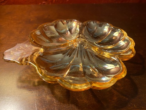 Vintage Carnival Glass Jeannette Amber Iridescent 6" Clover Divided Nut Plate - Picture 2 of 7