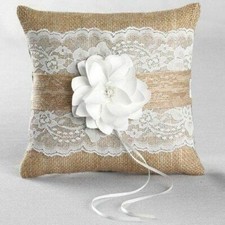 Rustic Garden, Burlap and Lace, Flower, White Ring Bearer Pillow
