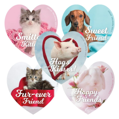 25 Rachael Hale Smitten Heart-Shaped Cat Dog Pig Bunny Stickers, 2.5" x 2.5" - Afbeelding 1 van 1