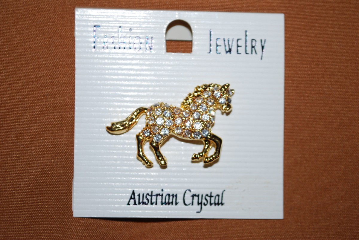 Broche Cheval Cristaux Clairs Ton Or - Style Rodéo Western - Neuf Sans Emballage - Livraison Gratuite