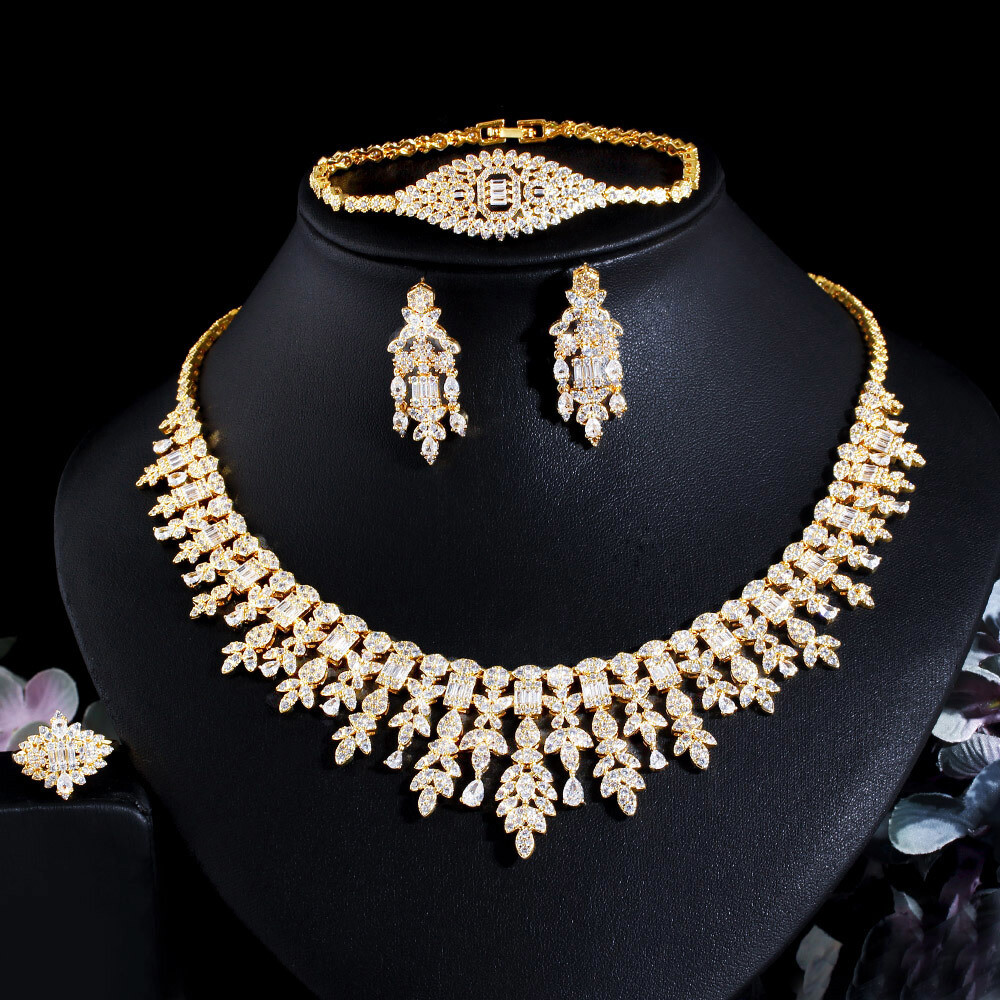 Luxury Gold Plated CZ Leaf Drop Necklace Earrings Bracelet Ring