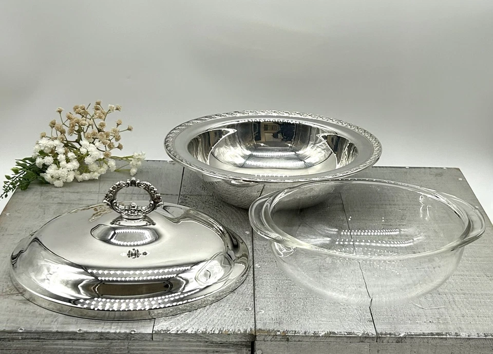 De colección Internacional Plata Co-CONDESA-Placa de Plata-Plato de Frotamiento-Vidrio Pyrex-1,5 qt Foto 2 de 4