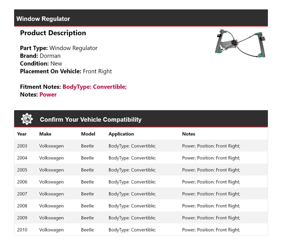Regulador de ventana delantero derecho para Volkswagen Beetle 2003-2010 convertible Dorman Foto 2 de 4